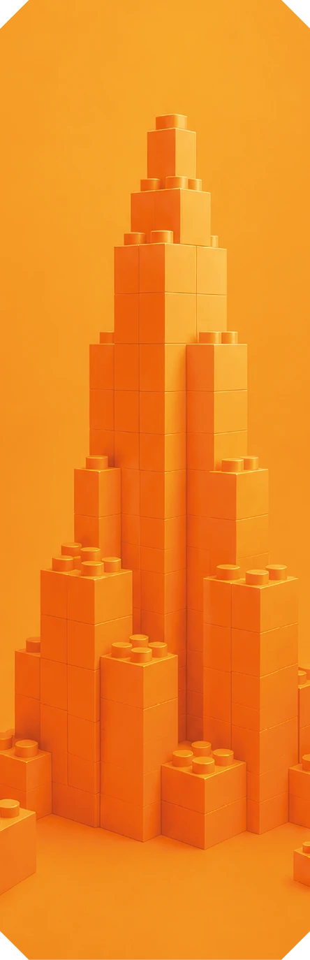 Une structure architecturale composée de blocs empilés de différentes hauteurs dans une teinte orange uniforme sur un fond orange.

Description générée par IA