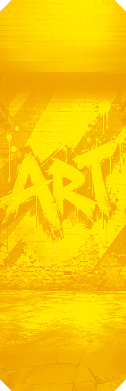 Le mot « ART » est peint en lettres majuscules stylisées avec des éclaboussures sur un mur en briques dans une ambiance lumineuse jaune.

Description générée par IA