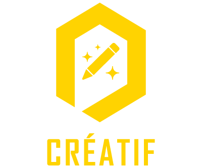 Un logo jaune avec un crayon et des étoiles à l'intérieur d'une forme hexagonale stylisée accompagné du mot « CRÉATIF » en lettres majuscules.

Description générée par IA