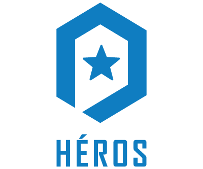 Logo bleu représentant une forme hexagonale stylisée avec une étoile au centre et le mot "HÉROS" en lettres majuscules en dessous.

Description générée par IA