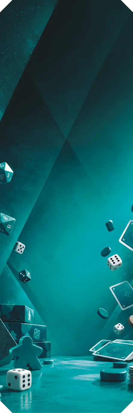 Des dés, jetons, cartes et pions de jeu flottent dans un espace bleu-vert avec un effet de lumière dramatique.

Description générée par IA
