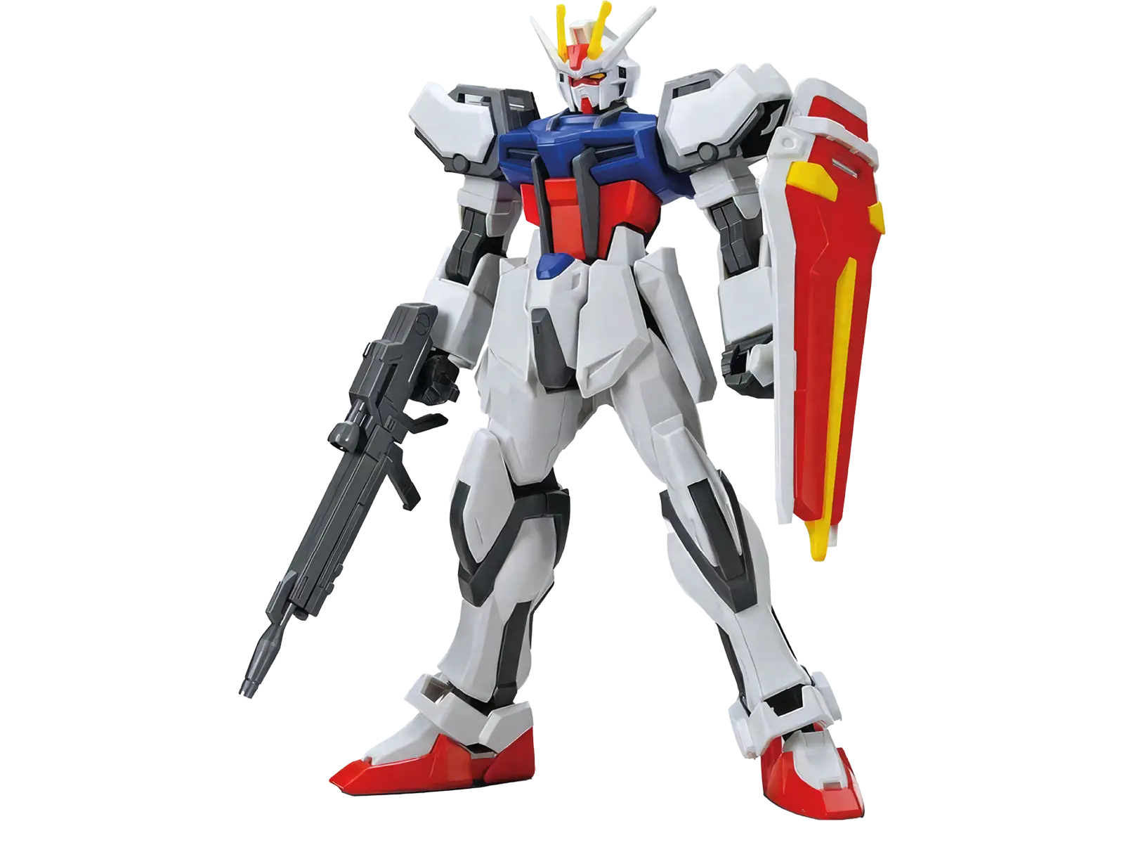 Un robot de style Gundam blanc, rouge, bleu et jaune tient une arme noire dans une main et un grand bouclier rouge avec des détails jaunes dans l'autre.

Description générée par IA
