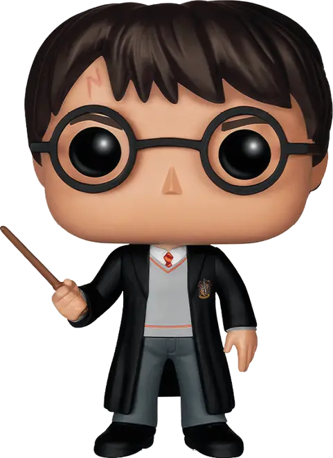 Un personnage stylisé en figurine Funko Pop porte des lunettes rondes, une robe noire de sorcier, un pull gris avec une cravate rouge et tient une baguette magique.

Description générée par IA