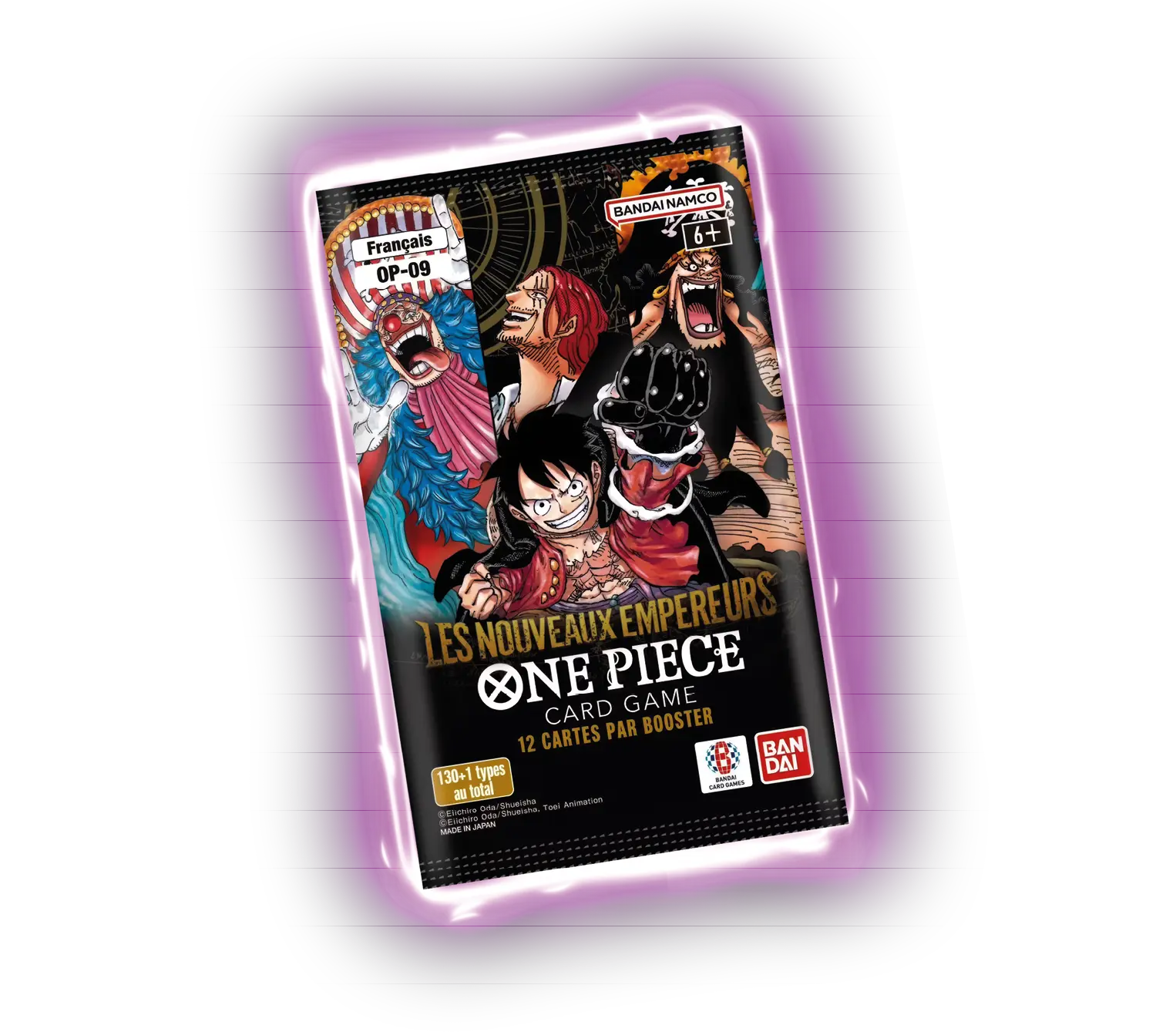 Un paquet de cartes à jouer du jeu One Piece avec des illustrations de personnages animés en action sur un fond noir avec des accents lumineux violets.

Description générée par IA