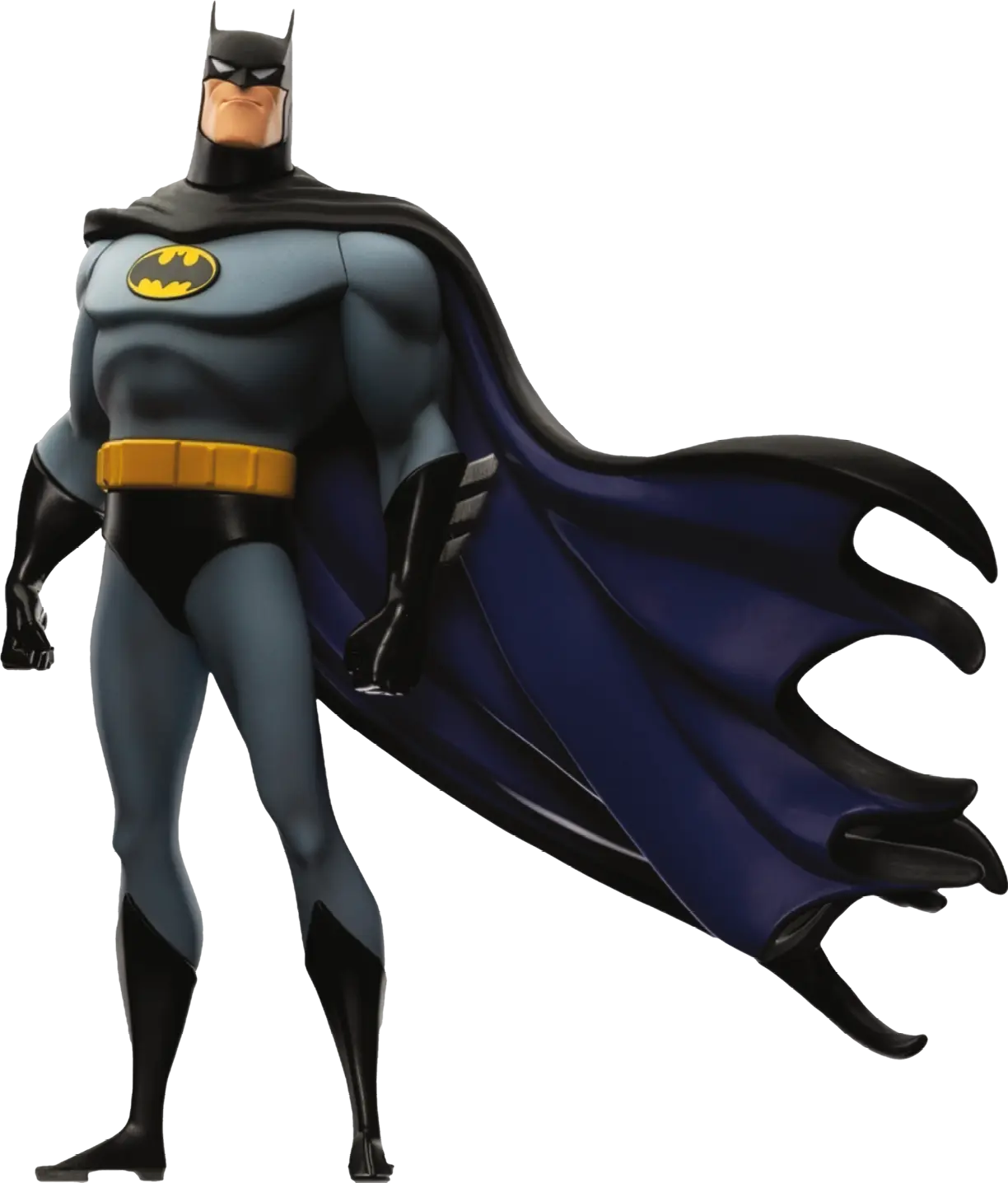 Un personnage en costume de super-héros gris et noir avec une cape noire et bleue flottante et une ceinture jaune se tient debout dans une pose confiante.

Description générée par IA