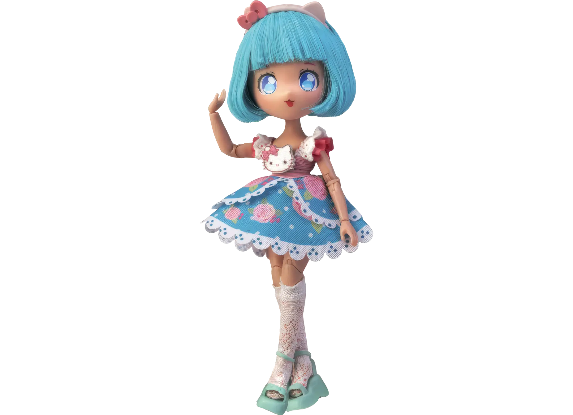 Poupée articulée avec cheveux bleus courts, robe bleue à motifs floraux et dentelle blanche, portant des chaussettes en dentelle et des chaussures vertes.

Description générée par IA