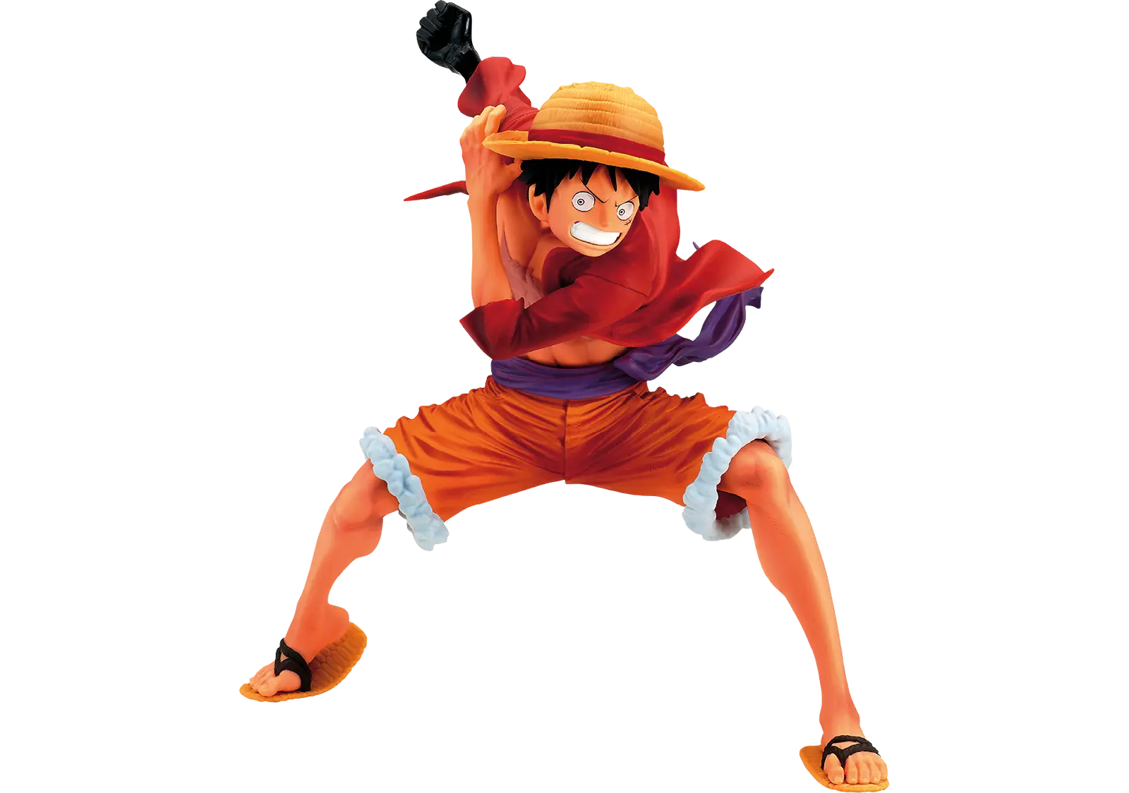 Personnage de style manga en tenue rouge et orange avec un chapeau de paille en position de combat dynamique.

Description générée par IA