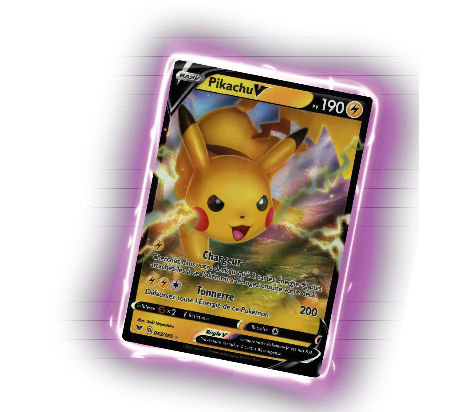 Carte Pokémon Pikachu V avec un effet lumineux violet autour et des éclairs électriques en arrière-plan.

Description générée par IA