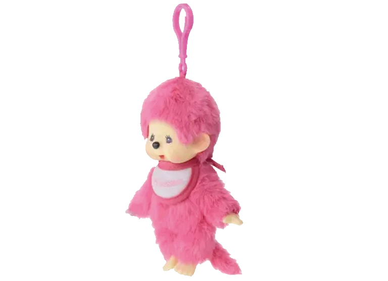 Peluche rose en forme de petit animal avec un bavoir et un attache en plastique pour la suspendre.

Description générée par IA