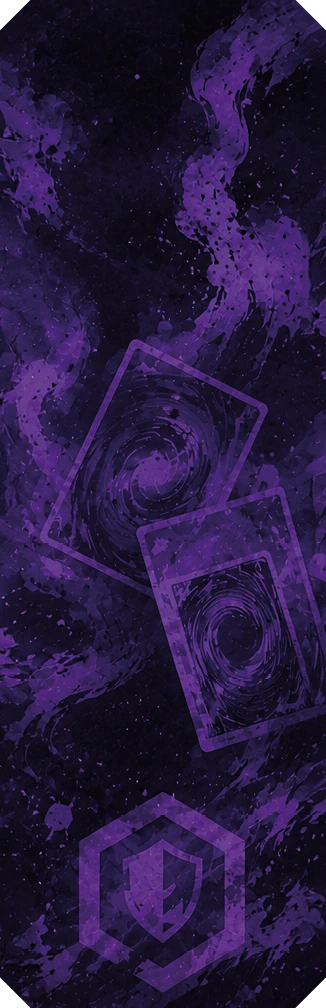 Fond sombre avec des éclaboussures violettes et deux cartes stylisées superposées au centre ainsi qu'un symbole géométrique en bas.

Description générée par IA