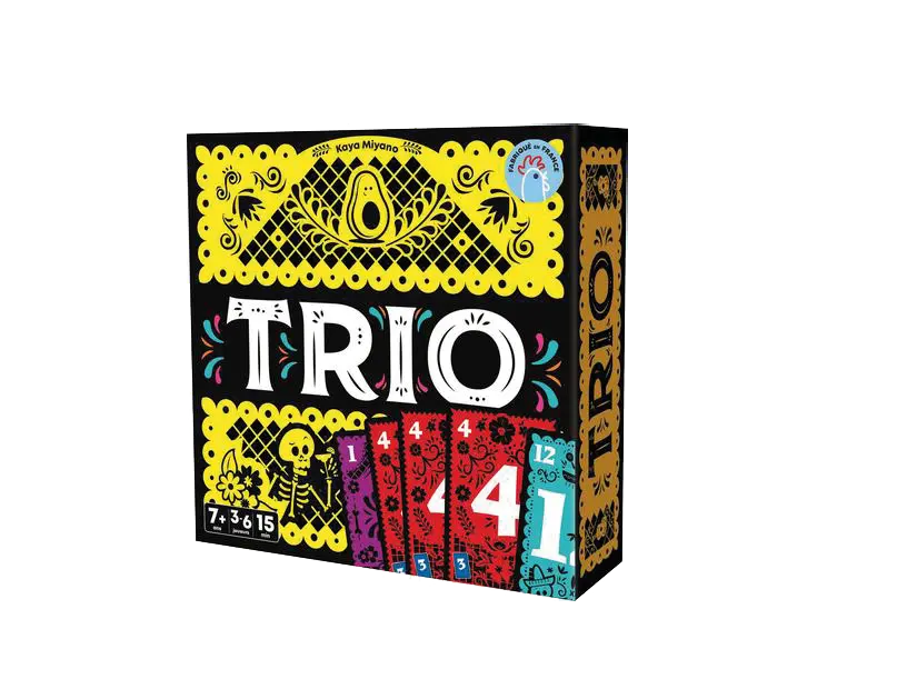 Boîte de jeu de cartes Trio avec un design coloré incluant un squelette, un avocat stylisé, et des cartes numérotées sur fond noir et jaune.

Description générée par IA