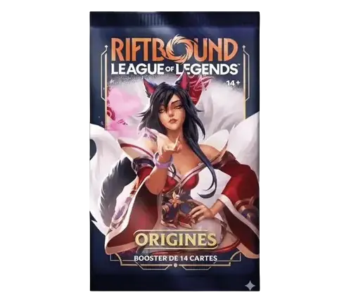 Un personnage de style fantasy avec de longs cheveux noirs et des oreilles de renard porte une robe rouge et blanche et tend la main vers l'avant sur un fond sombre avec le texte Riftbound League of Legends Origines Booster de 14 cartes.

Description générée par IA