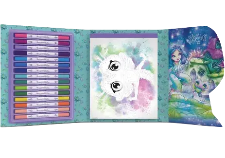 Un coffret de coloriage ouvert avec une illustration partiellement coloriée d'un personnage fantastique et des feutres de différentes couleurs rangés sur le côté droit.

Description générée par IA