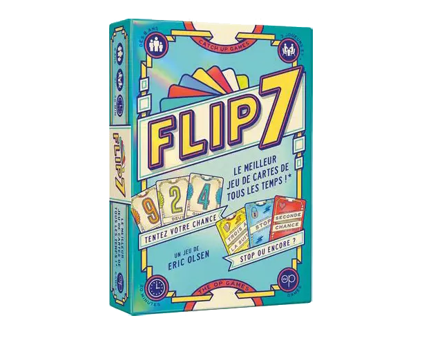 Boîte de jeu de cartes Flip 7 avec un design coloré et des cartes illustrées, vantant être le meilleur jeu de cartes de tous les temps et invitant à tenter sa chance.

Description générée par IA