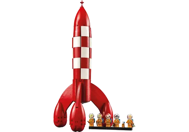 Une grande fusée rouge et blanche en style bande dessinée est accompagnée de six figurines miniatures portant des combinaisons spatiales orange.

Description générée par IA
